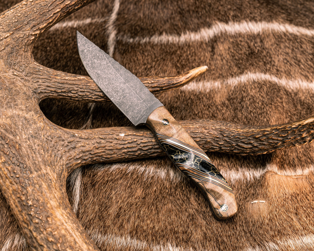 Crow Scalper- Spalted Curly Maple, Black G10, White G10, Coyote G10 and Bronze Pin Striping, Black with Gold Web Tru-stone Split, Mosaic Pins, Textured Grip