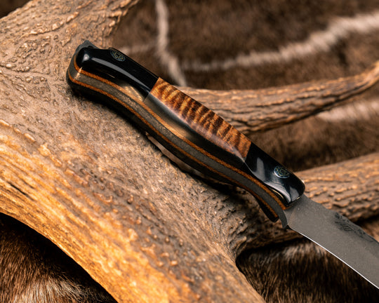 The 86'- Bison Horn, Hawiian Curly Koa, Natural Micarta Liner, Mosaic Pins, Smooth Grip