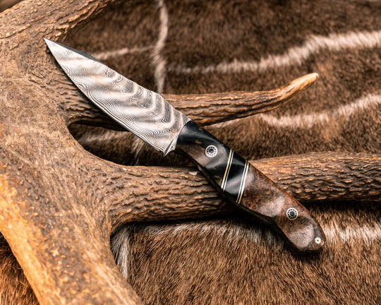 Field Knife Jr- Baker Forge Ripple Damascus, Black And White Ebony, Brass, Black G10 and Aluminum Pin Striping, Bison Horn Split, Chechen, Mosaic Pins, Textured Grip