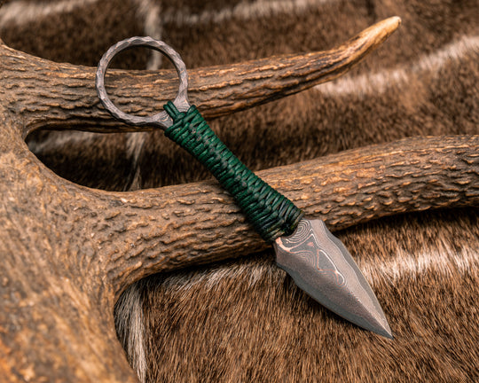 Ringstrike - Baker Forge CopperMai Raindrop Damascus, Green Leather Wrap