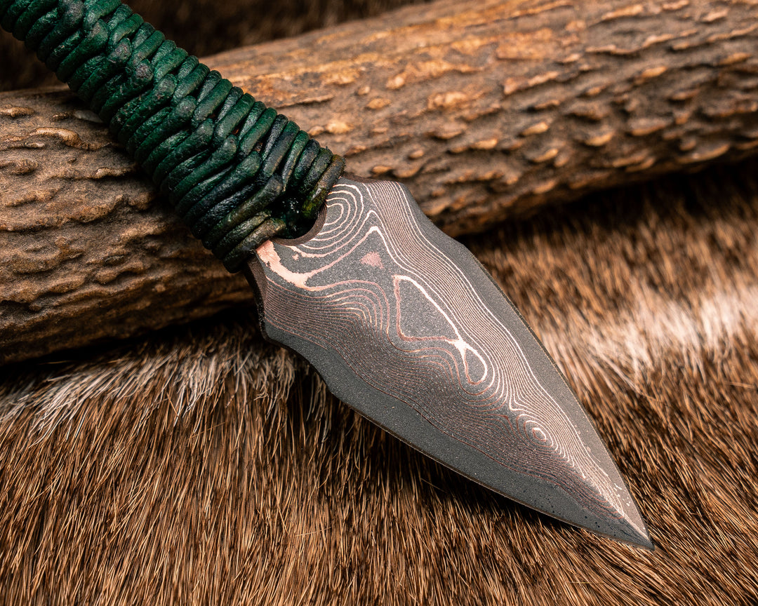 Ringstrike - Baker Forge CopperMai Raindrop Damascus, Green Leather Wrap