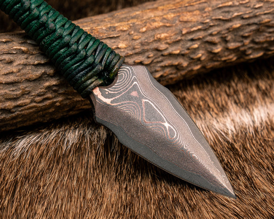 Ringstrike - Baker Forge CopperMai Raindrop Damascus, Green Leather Wrap