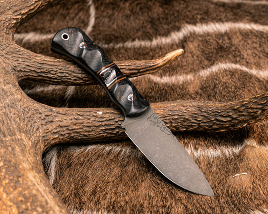 Cav Jr- Dyed Black Ash, Natural Micarta, Black G10 and Copper Pin Striping, Black with Copper Web Tru-stone Split, Patriot Mosaic Pins, Copper Lanyard Pin, Textured Grip