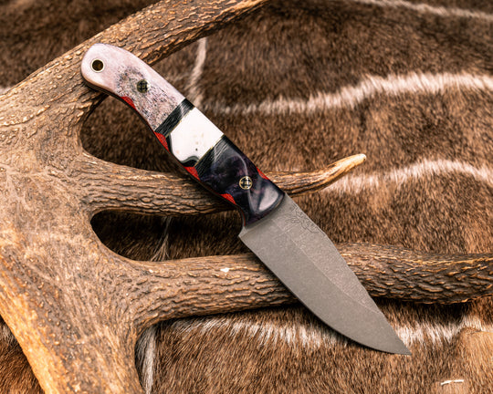 Crow Jr- Dyed Maple, Carbon, Brass and White Resin Split, CO Elk Antler Over Fire Canvas Micarta and Black G10, Mosaic Pins, Brass Lanyard Pin, Textured Grip