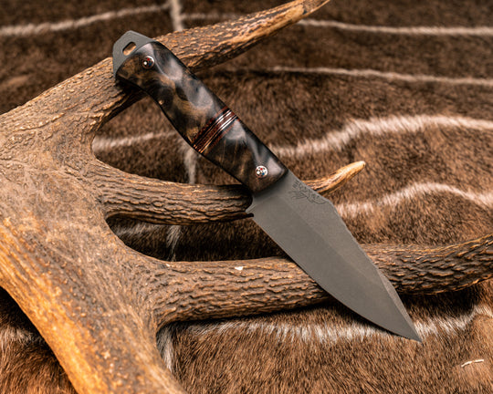 Field Knife- Mahogany, Brown Canvas Micarta, Black G10, Copper and Cherry G10 Pin Striping, Patriot Mosaic Pins, Textured Grip