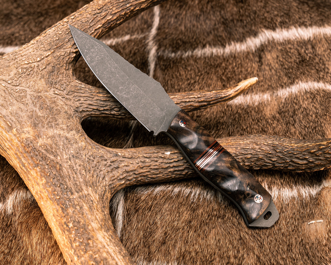 Field Knife- Mahogany, Brown Canvas Micarta, Black G10, Copper and Cherry G10 Pin Striping, Patriot Mosaic Pins, Textured Grip