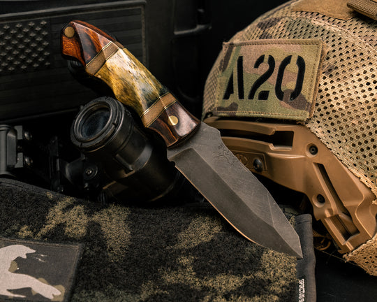 Disaster Jr- Desert Ironwood, Brass and Black G10 Pin Striping, OD Green Canvas Micarta and Dyed Giraffe Bone Split, Brass Pins, Textured Grip