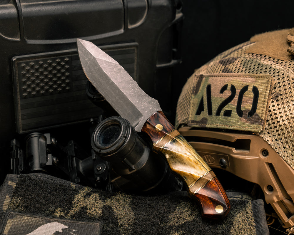 Disaster Jr- Desert Ironwood, Brass and Black G10 Pin Striping, OD Green Canvas Micarta and Dyed Giraffe Bone Split, Brass Pins, Textured Grip