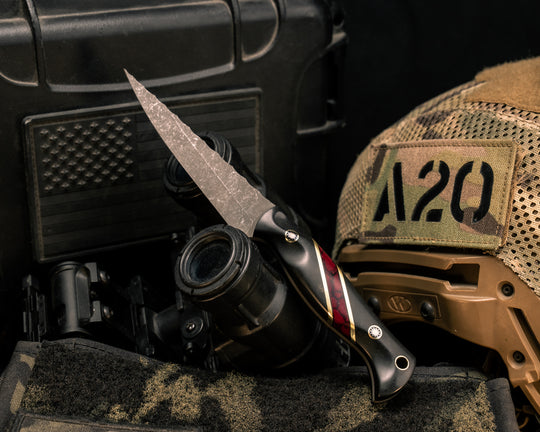 Congressman- Bison Horn, Black G10, Brass and Bloody Basin Tru-stone Split, Mosaic Pins, Brass Lanyard Pin, Textured Grip