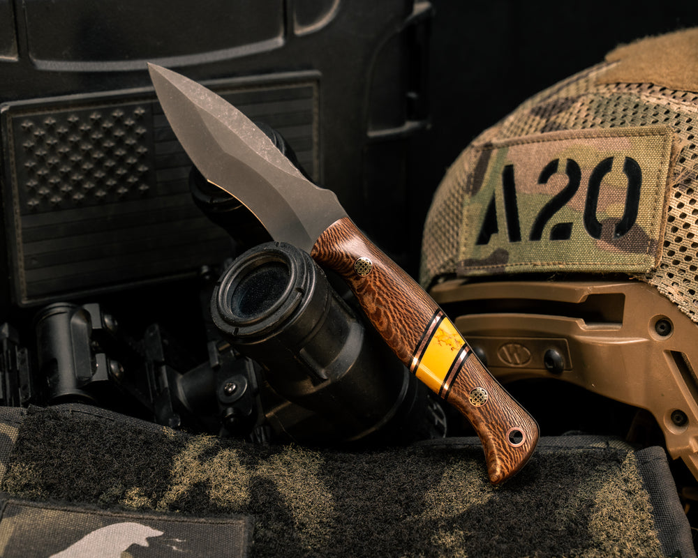 Extremis MK1- Pheasantwood, Black G10, Copper and Yellow Dino Bone Tru-stone Split, Mosaic Pins, Copper Lanyard Pin, Smooth Grip