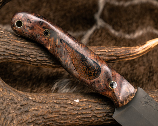 Crow Jr- Chechen Caribbean Rosewood, Dinosaur Bone Cabochon Inlay, Mosaic Pins, Brass Lanyard Pin, Textured Grip