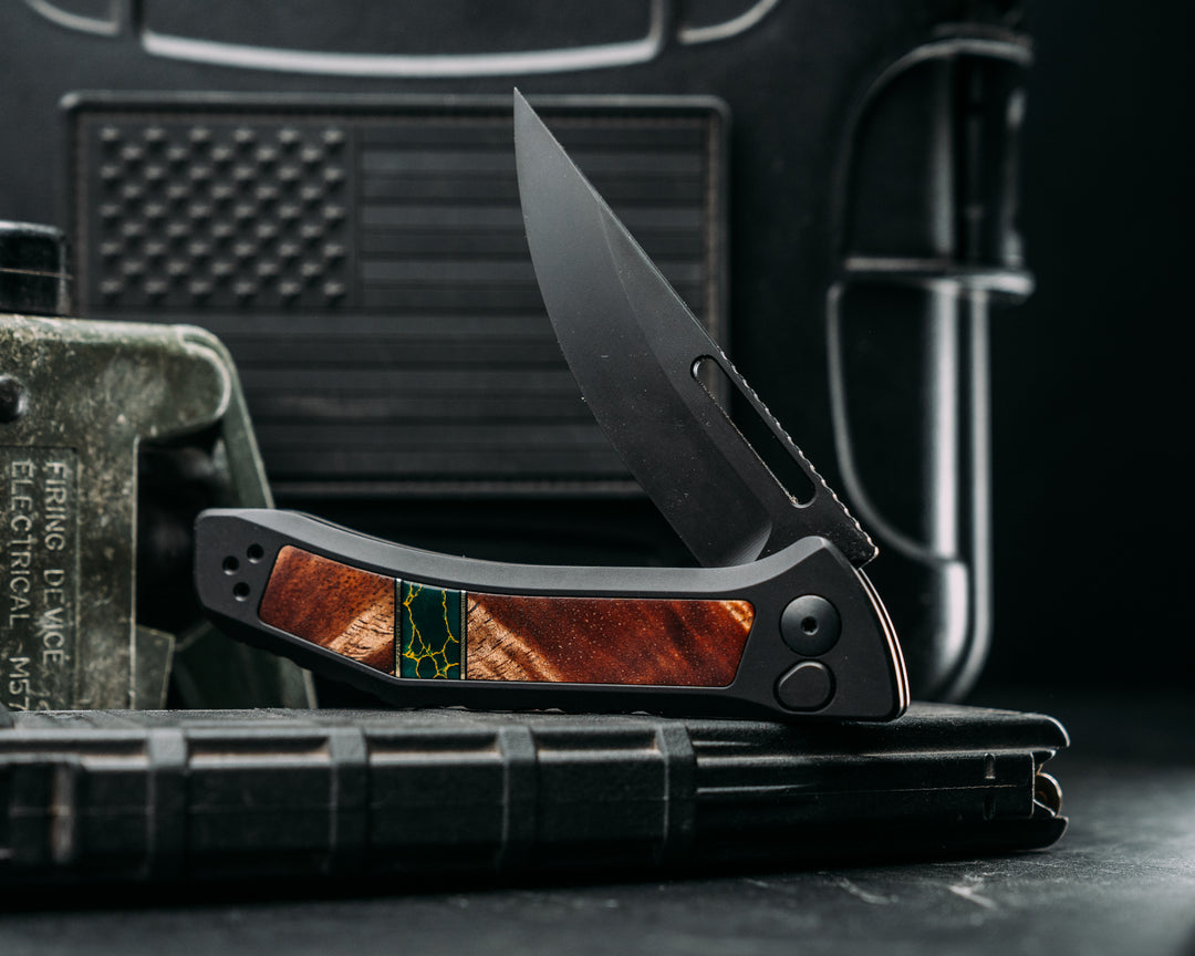 Custom Kwaiken Folder - Hawaiian Curly Koa, Black G10 & Brass Pin Striping, Arizona Jade Tru Stone Split, Anodized Black Handle, Black Nitride Blade, Textured Grip, Deep Carry Pocket Clip