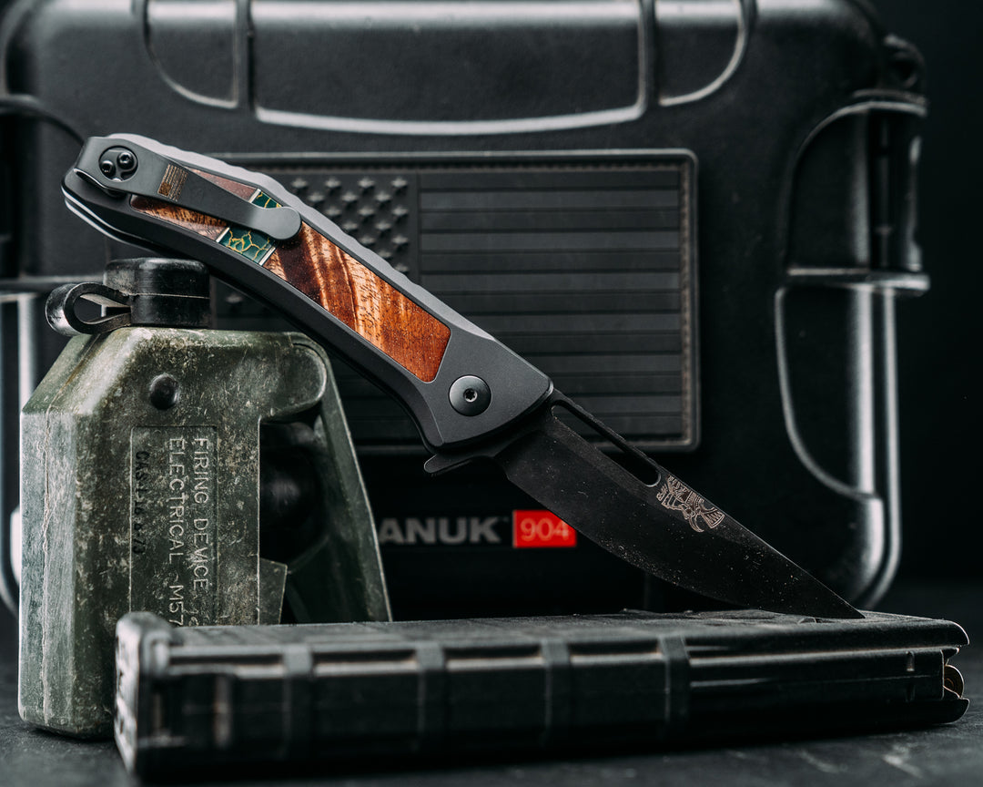Custom Kwaiken Folder - Hawaiian Curly Koa, Black G10 & Brass Pin Striping, Arizona Jade Tru Stone Split, Anodized Black Handle, Black Nitride Blade, Textured Grip, Deep Carry Pocket Clip
