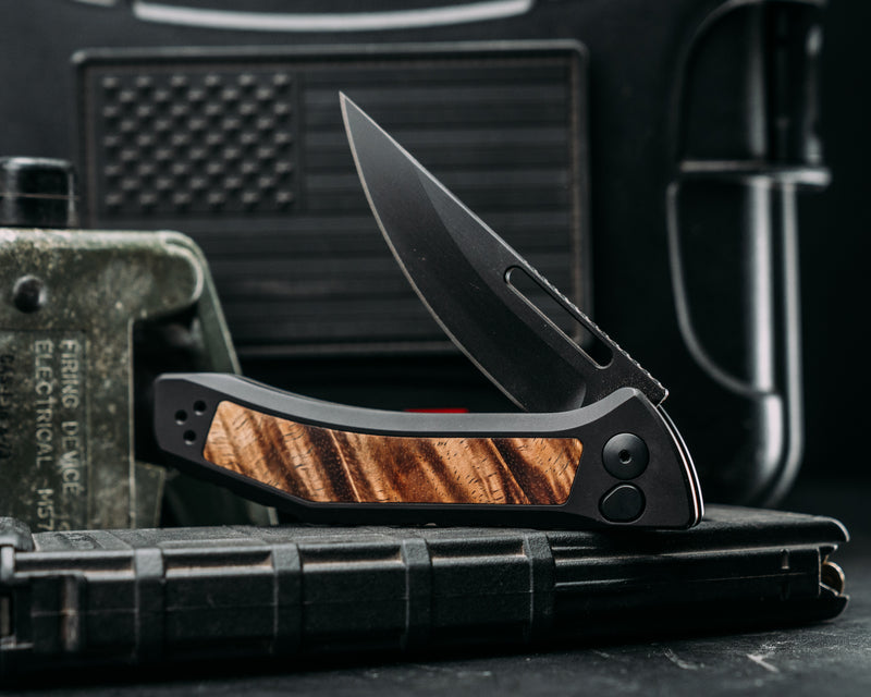 Custom Kwaiken Folder - Hawaiian Curly Koa, Anodized Black Handle, Black Nitride Blade, Textured Grip, Deep Carry Pocket Clip
