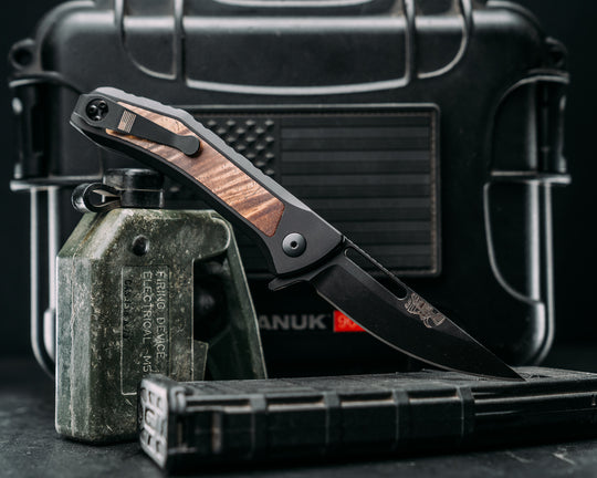 Custom Kwaiken Folder - Hawaiian Curly Koa, Anodized Black Handle, Black Nitride Blade, Textured Grip, Deep Carry Pocket Clip