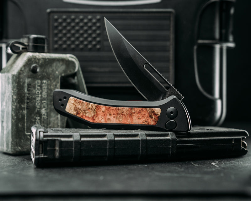 Custom Kwaiken Folder - Box Elder, Anodized Black Handle, Black Nitride Blade, Textured Grip, Deep Carry Pocket Clip