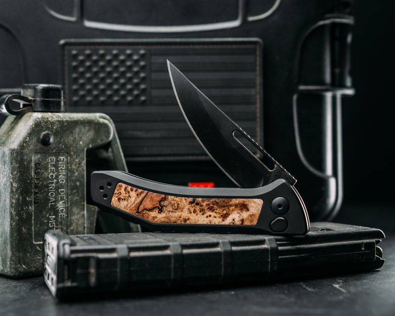 Custom Kwaiken Folder - Black Ash, Anodized Black Handle, Black Nitride Blade, Textured Grip, Deep Carry Pocket Clip