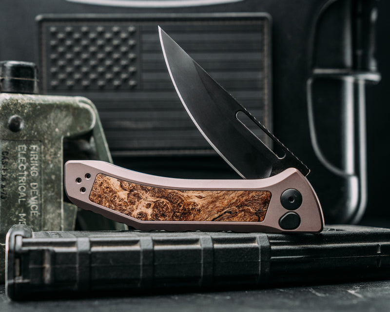 Custom Kwaiken Folder - Spalted Maple, Anodized Gray Handle, Black Nitride Blade, Textured Grip, Deep Carry Pocket Clip