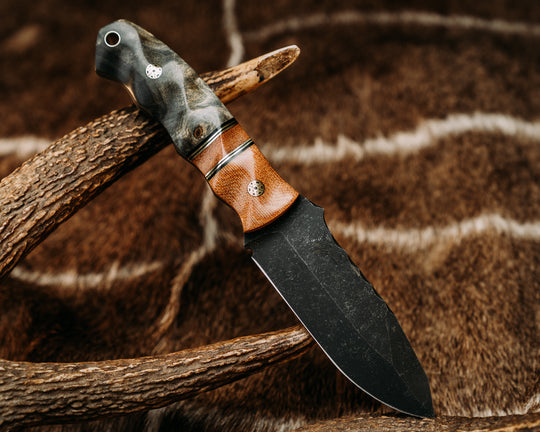 Disaster Jr- Natural Canvas Micarta, Black G10 and Brass Pin Striping, Natural Canvas Micarta Split, Buckeye Burl, Mosaic Pins, Brass Lanyard Pin, Textured Grip