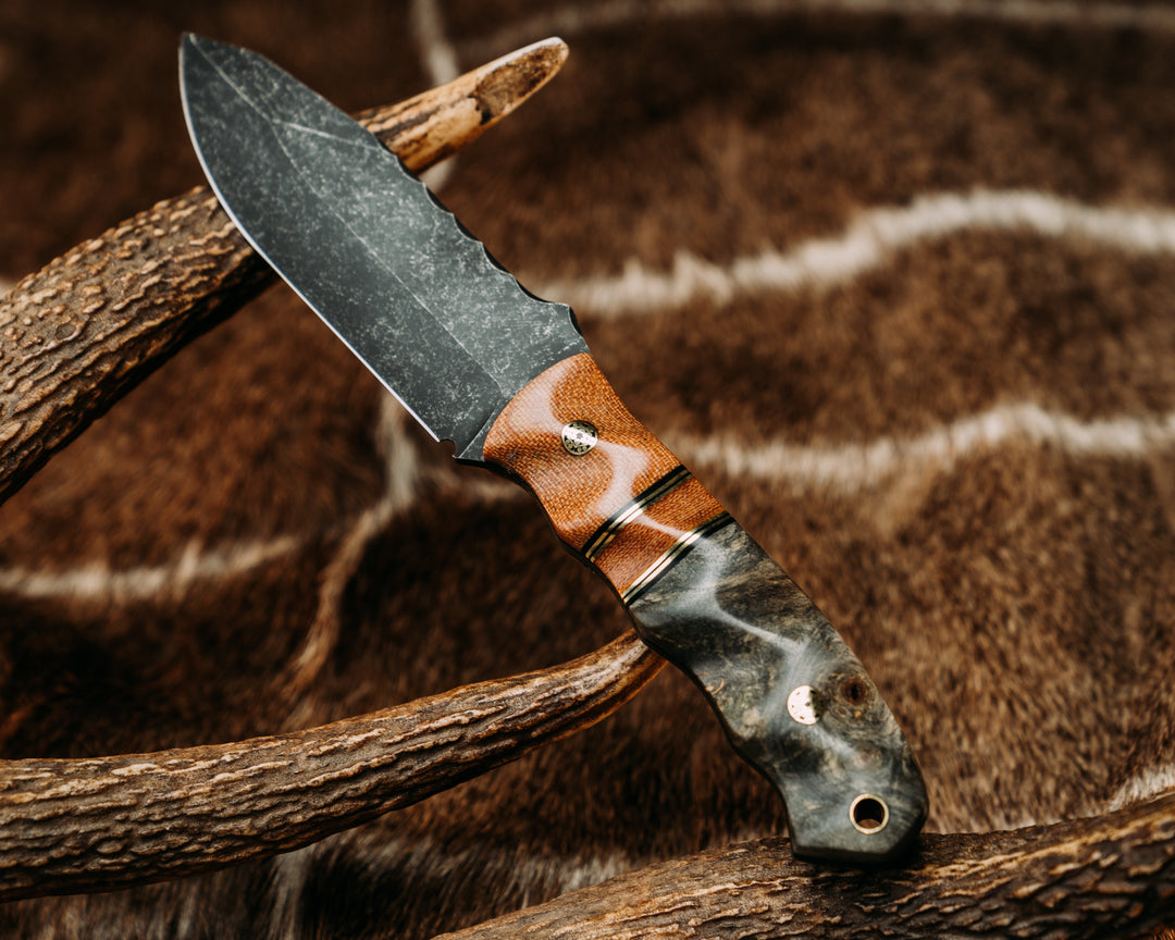Disaster Jr- Natural Canvas Micarta, Black G10 and Brass Pin Striping, Natural Canvas Micarta Split, Buckeye Burl, Mosaic Pins, Brass Lanyard Pin, Textured Grip