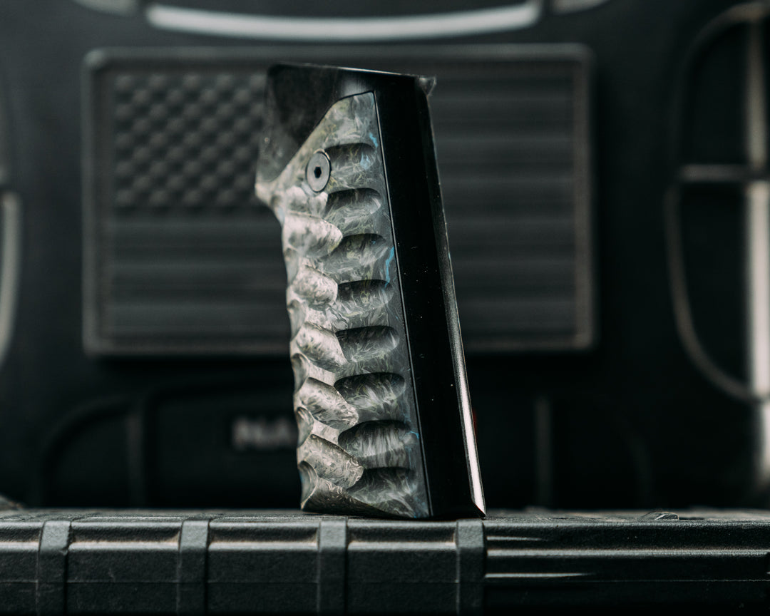 HFB x Kinetic AR Grip System -  Green Dark Matter Carbon on Blue Lava Flow Carbon Fiber, Black  Anodization, Snake Grip.