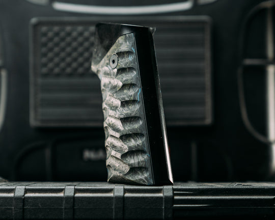 HFB x Kinetic AR Grip System -  Green Dark Matter Carbon on Blue Lava Flow Carbon Fiber, Black  Anodization, Snake Grip.