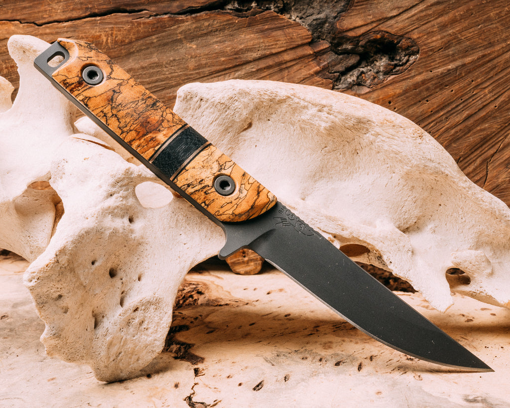 Kwaiken FC - Spalted Tamarind, bronze and black G10 pin striping, black micarta split, Spalted Tamarind, Sniper grey cerakote, allen bolts, smooth grip