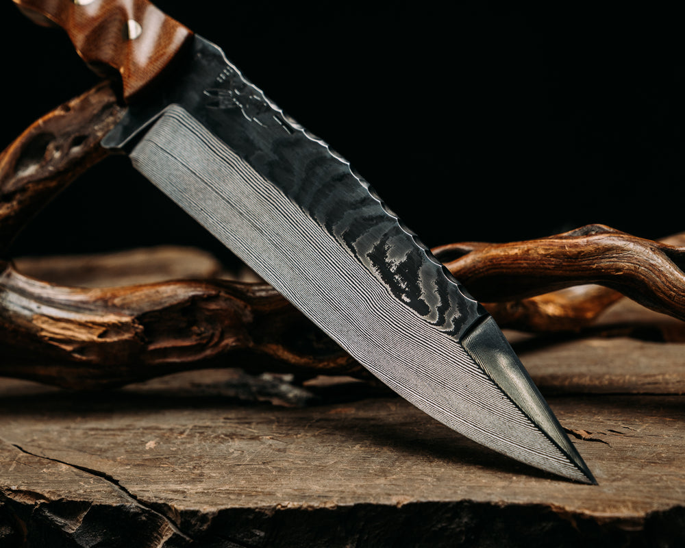 Ranch Knife- Baker Forge Random Pattern Damascus- Vintage Linen Micarta, Black G10, Brass, Black Canvas Micarta and Vintage Linen Micarta Split, Brass Pins, Brass Cross Pin, Brass Lanyard Pin, Textured Grip