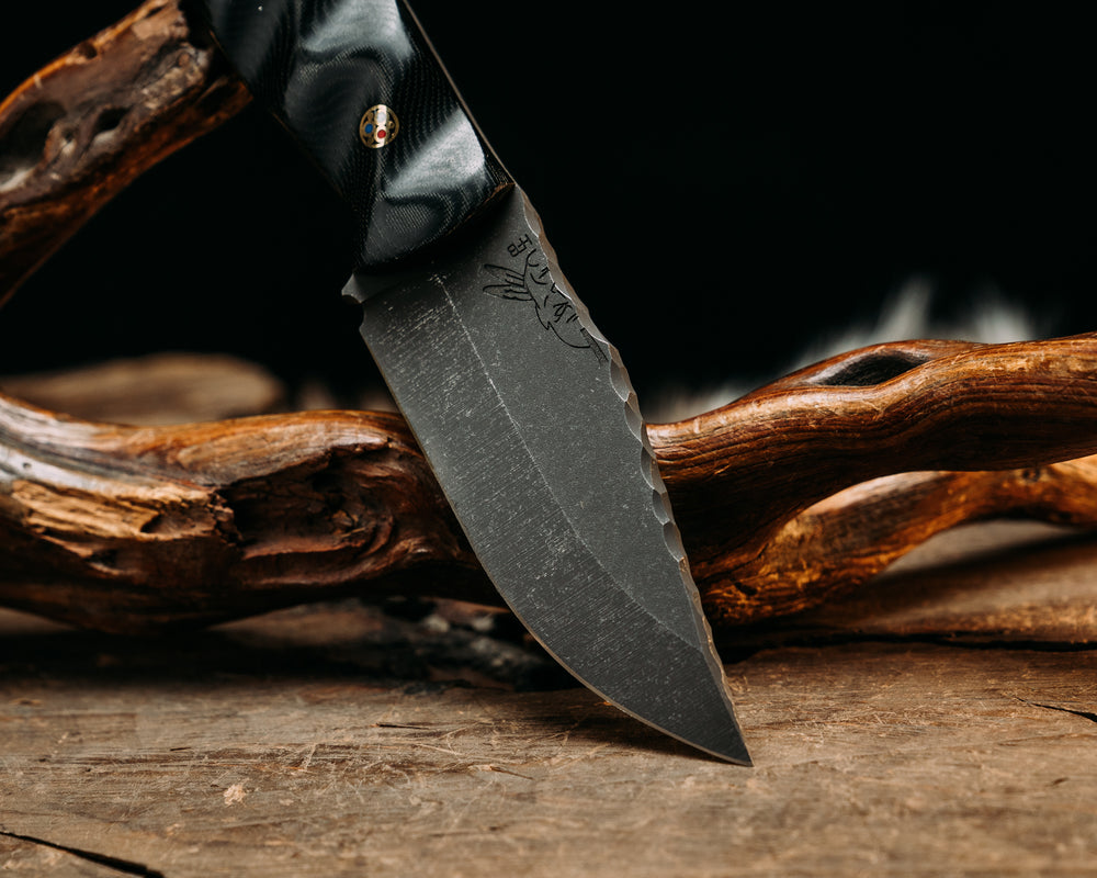Cowboy Carry- Black and Grey Canvas Micarta, Patriot Mosaic Pins, Textured Grip