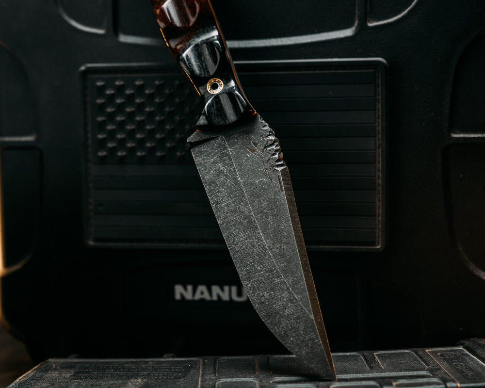 Crow Pre-Jay- Black Burlap Micarta and Giant Irish Elk Antler, Natural Canvas Micarta Liner, Mosaic Pins, Brass Lanyard Pin, Textured Grip