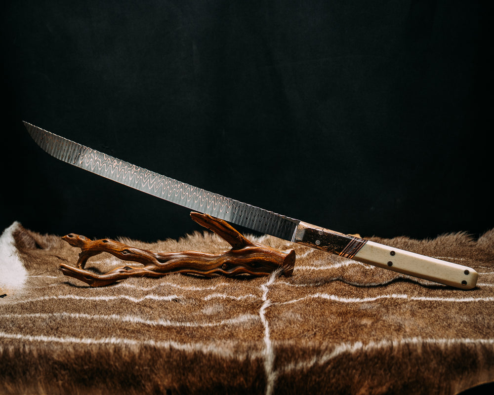 Wakasashi- Baker Forge Riptide Ladder Pattern CopperMai- Giant Irish Elk, Black G10, Copper and Copper Dark Matter Split, Giraffe Bone, Mosaic Pins, Smooth Grip