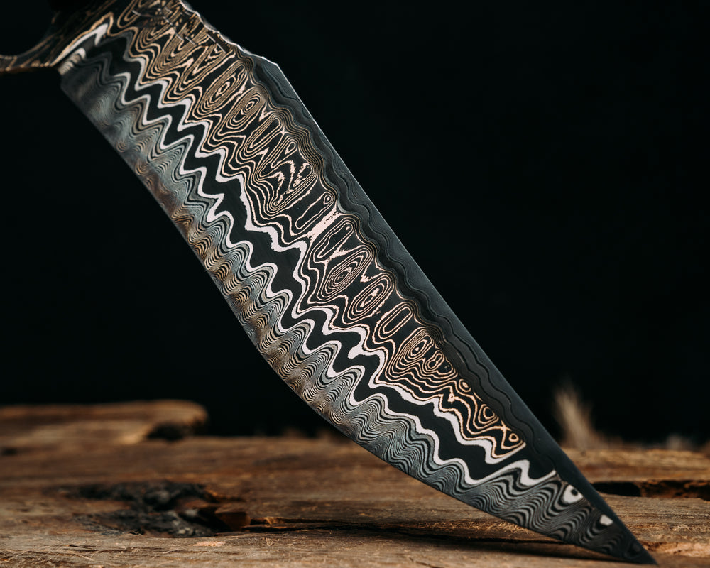 Trench Bowie- Baker Forge Riptide Max Ladder Pattern BronzeMai- African Blackwood, Black G10, Natural Canvas Micarta and Copper Pin Striping, Spalted Maple Split, Spalted Maple, Mosaic Pins, Textured Grip
