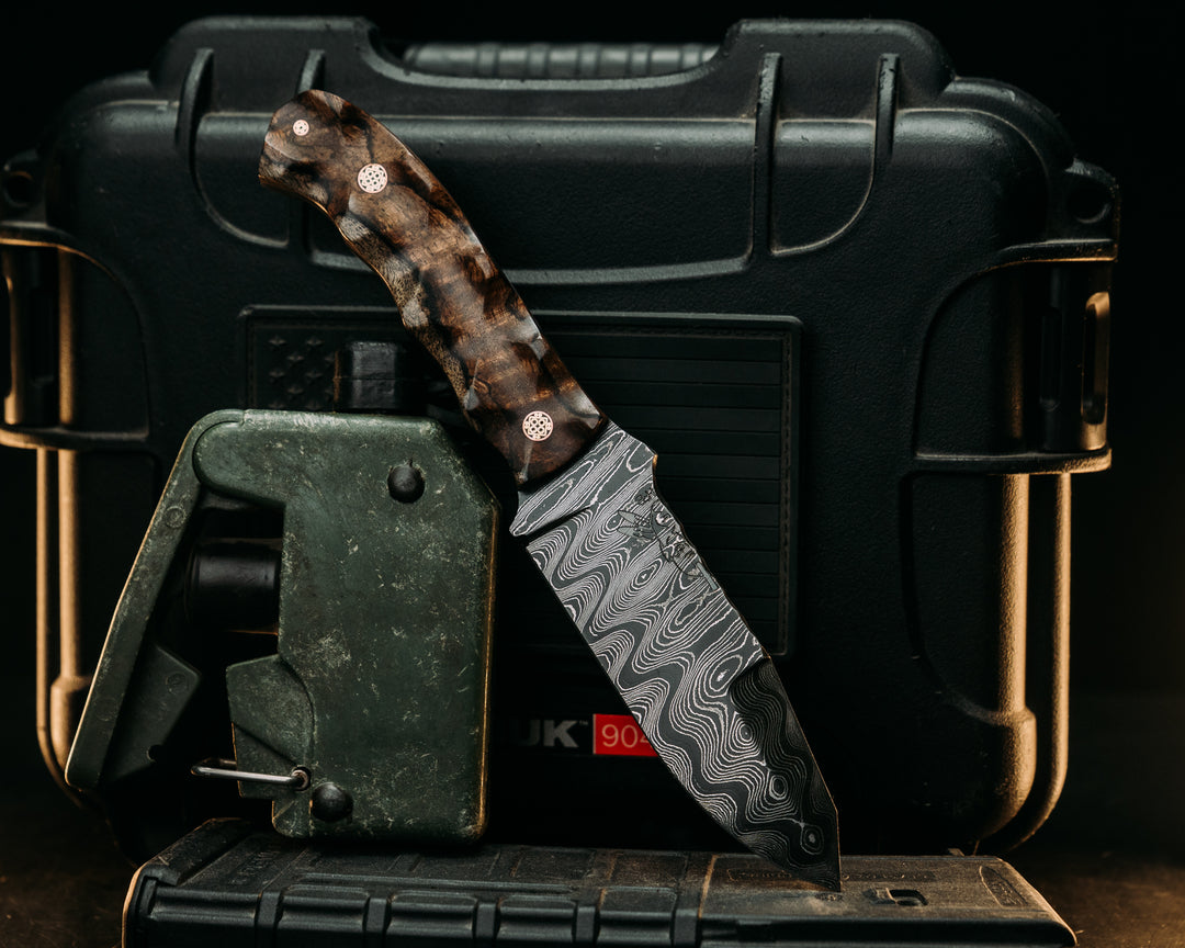 Disaster Jr Gen 3- Old Stock Damascus- Honduran Mahogany, Mosaic Pins, Textured Grip