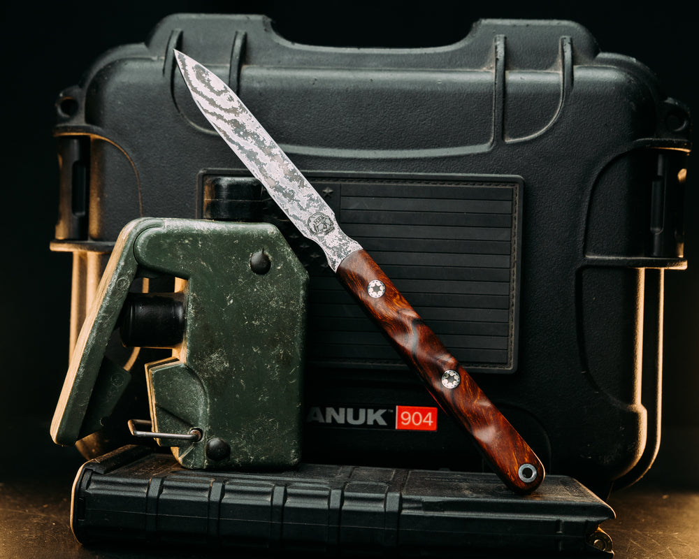 OSS Spike- Random Pattern Damascus- Desert Ironwood, Mosaic Pins, Textured Grip