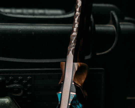 Crow Scout- Vegas Forge CopperMai Ni-shim Wavy- Curly Maple, Black G10 and Copper Pin Striping, Black Canvas Micarta and Turquoise with Copper Web Tru-stone Split, Mosaic Pins, Copper Lanyard Pin, Textured Grip