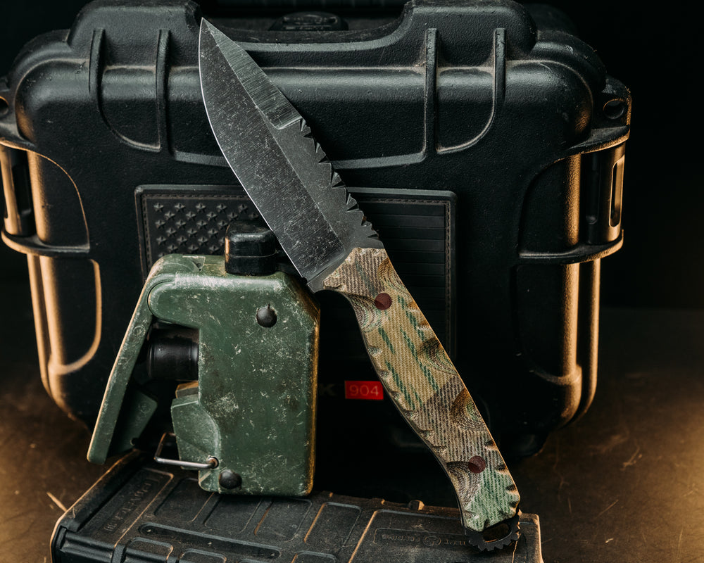 Hog Hunt- WWII German Splinter Camouflage Micarta, Brown Micarta Pins, Textured Grip
