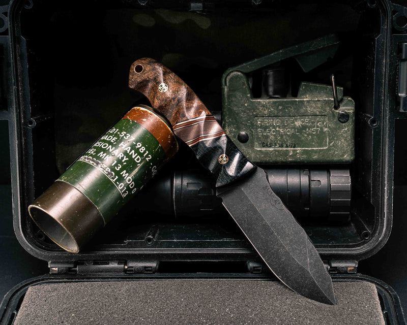 Disaster Jr- Black Burlap Micarta, Black G10, Copper and Brown Canvas Micarta Pin Striping, Copper Camo Carbon Split, Mesquite, Mosaic Pins, Copper Lanyard Pin, Textured Grip