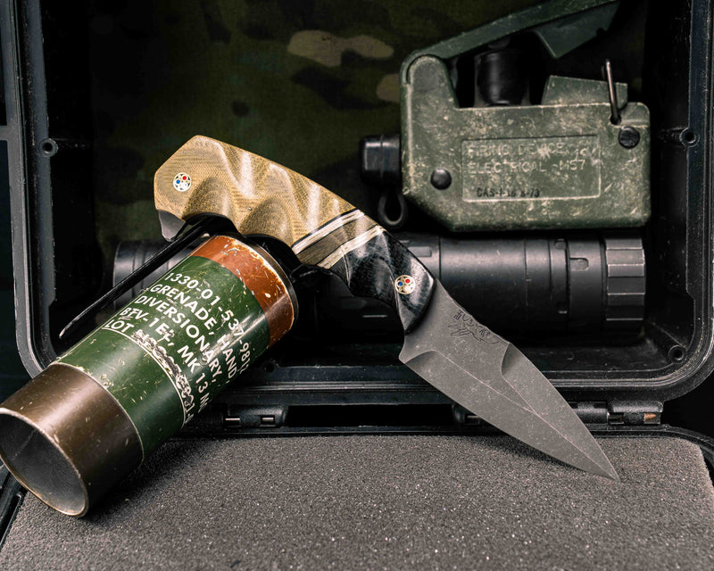 3" HUMINT- Black Burlap Micarta, Black G10, Brass and White G10 Pin Striping, Olive Canvas Micata Split, Olive Canvas Micata, Patriot Mosaic Pins, Textured Grip