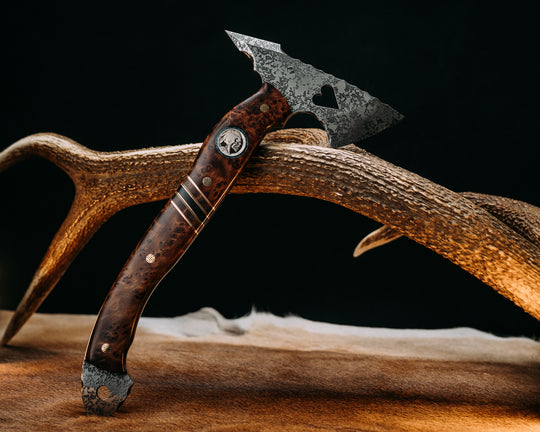 Bleeding Heart Hawk- Redwood Burl, 1937 Warrior Skull Buffalo Nickel Over Crushed Turquoise Tru-stone in Glow Resin, Copper and OD Green G10 Pin Striping, Redwood Burl, and Black Canvas Micarta Split, Mosaic Pins, Smooth Grip