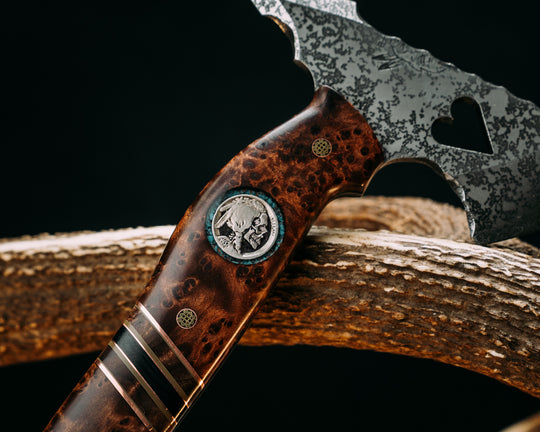 Bleeding Heart Hawk- Redwood Burl, 1937 Warrior Skull Buffalo Nickel Over Crushed Turquoise Tru-stone in Glow Resin, Copper and OD Green G10 Pin Striping, Redwood Burl, and Black Canvas Micarta Split, Mosaic Pins, Smooth Grip