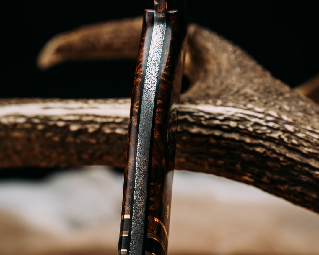 Bleeding Heart Hawk- Redwood Burl, 1937 Warrior Skull Buffalo Nickel Over Crushed Turquoise Tru-stone in Glow Resin, Copper and OD Green G10 Pin Striping, Redwood Burl, and Black Canvas Micarta Split, Mosaic Pins, Smooth Grip