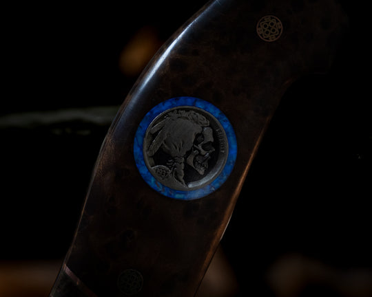 Bleeding Heart Hawk- Redwood Burl, 1937 Warrior Skull Buffalo Nickel Over Crushed Turquoise Tru-stone in Glow Resin, Copper and OD Green G10 Pin Striping, Redwood Burl, and Black Canvas Micarta Split, Mosaic Pins, Smooth Grip