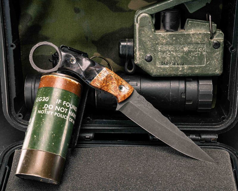 Osoraku 4"- Afzelia Burl, Brass Split, Dyed Maple, Mosaic Pins, Textured Grip