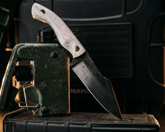 Widow Maker Jr- Baker Forge Raindrop Pattern Damascus- Elk Antler, Brass Mosaic Pins, Textured Grip