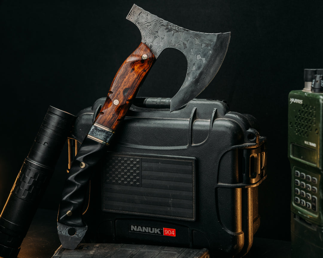 Viking Operator Hawk- Baker Forge Raindrop Damascus- Desert Ironwood, Black G10 and Brass Pin Striping, American Flag Micarta and AOR2 Cammie Micarta Split, Black Diamond Richlite, Mosaic Pins, Textured Grip