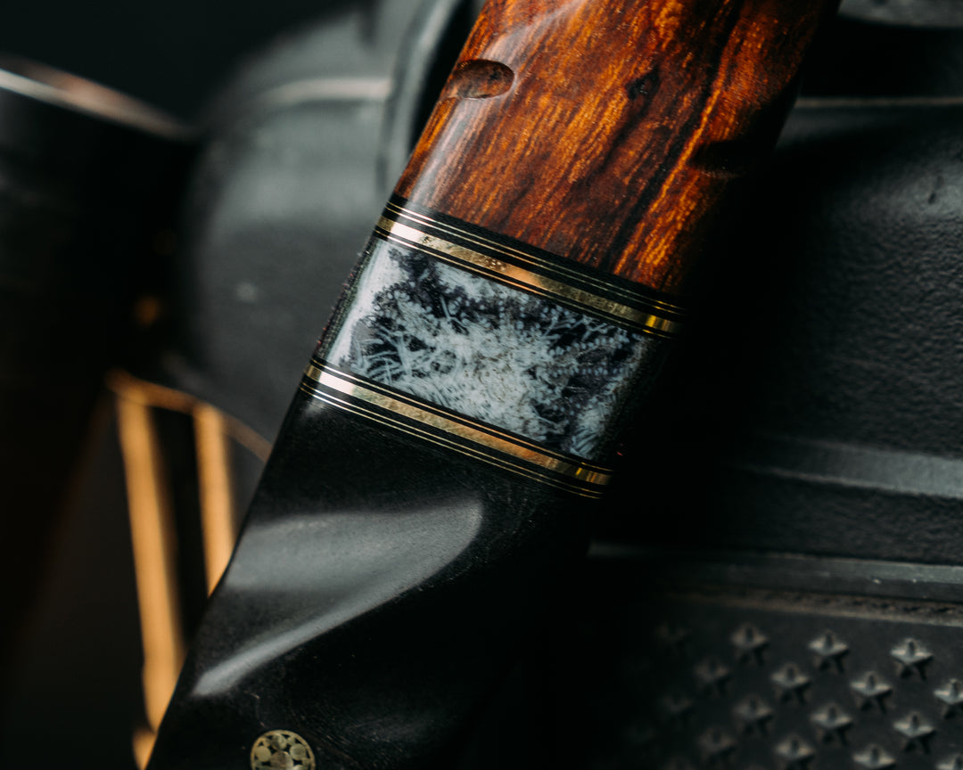 Viking Operator Hawk- Baker Forge Raindrop Damascus- Desert Ironwood, Black G10 and Brass Pin Striping, American Flag Micarta and AOR2 Cammie Micarta Split, Black Diamond Richlite, Mosaic Pins, Textured Grip