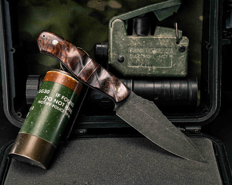 Field Knife- Copper Dark Matter Carbon, Black G10 and Copper Pin Striping, Copper Dark Matter Carbon and Redwood Burl Split, Redwood Burl, Mosaic Pins, 1/8" Copper Hollow Pin, Textured Grip