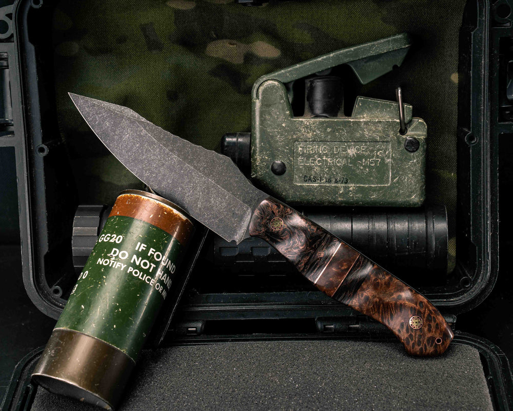 Field Knife- Copper Dark Matter Carbon, Black G10 and Copper Pin Striping, Copper Dark Matter Carbon and Redwood Burl Split, Redwood Burl, Mosaic Pins, 1/8" Copper Hollow Pin, Textured Grip