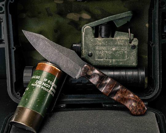 Field Knife- Copper Dark Matter Carbon, Black G10 and Copper Pin Striping, Copper Dark Matter Carbon and Redwood Burl Split, Redwood Burl, Mosaic Pins, 1/8" Copper Hollow Pin, Textured Grip