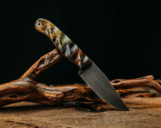 Crow Jr - Hawaiian Curly Koa, Black G10, Aluminum & Brass Pin Striping, Junglewear Carbon Fiber Split, Dyed Giraffe Bone, Mosaic Pins, Aluminum Lanyard Pin, Textured Grip